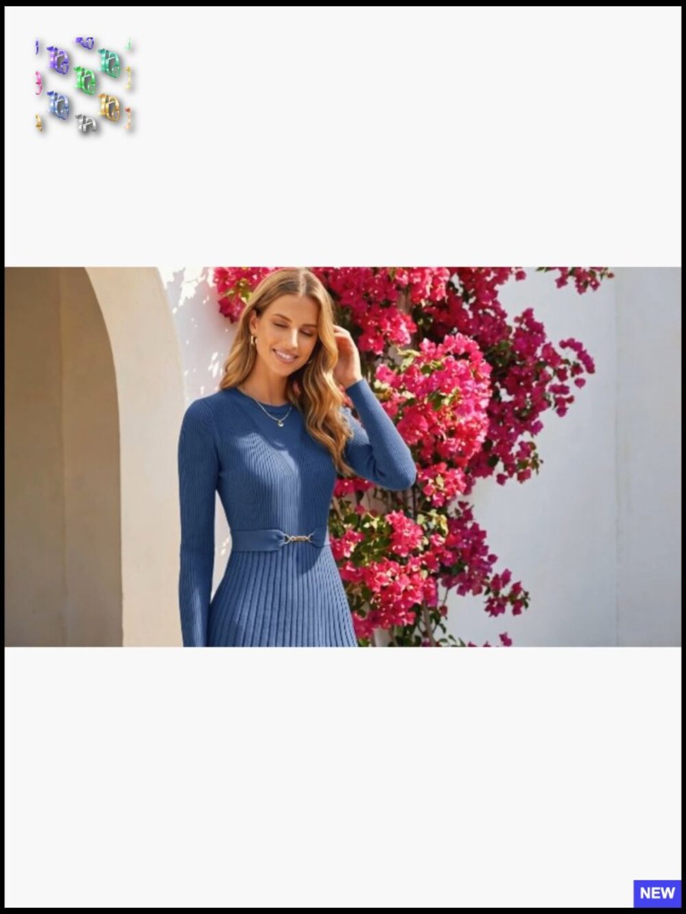 Long Sleeve Midi Sweater Dress Pleated A-Line Flowy Knit Dress with Belt - Picture 7 of 7